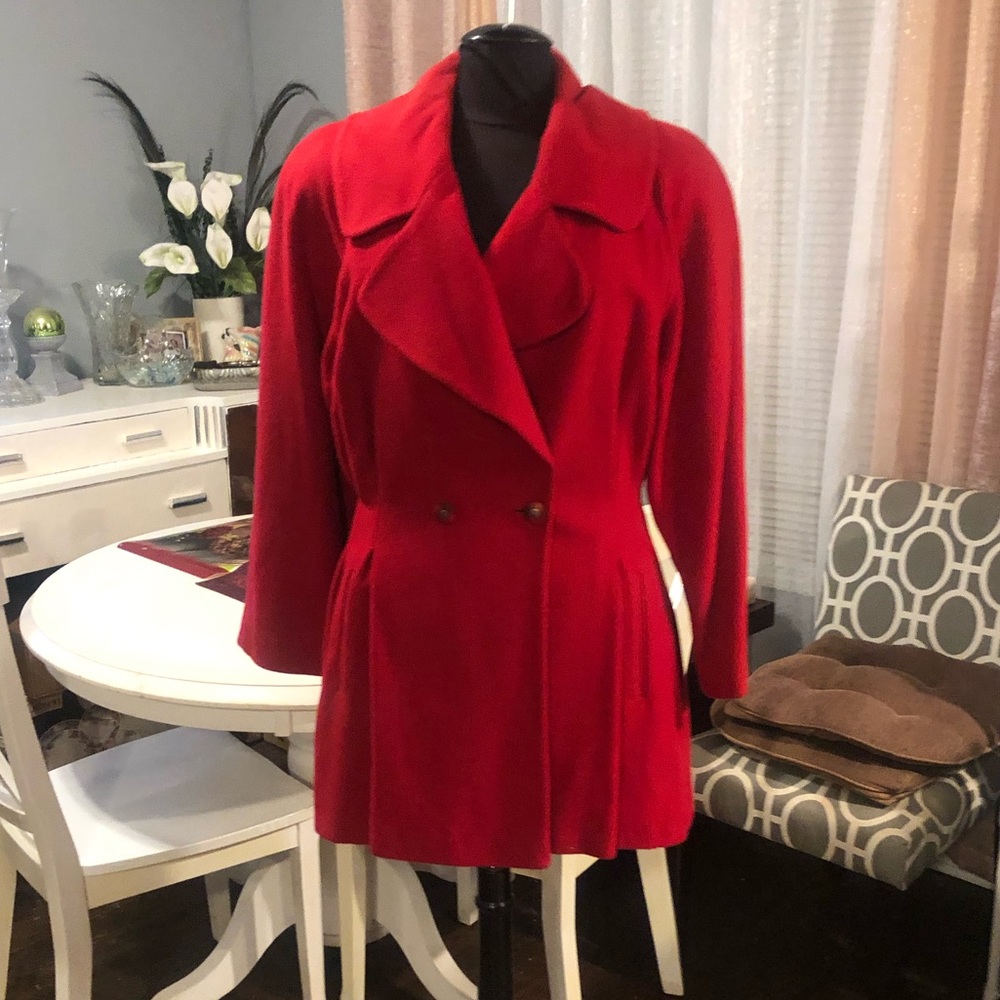 Red Designer Coat by Kasper, Sz 8, Cashmere Blend, Large Collar w/Side Pockets
